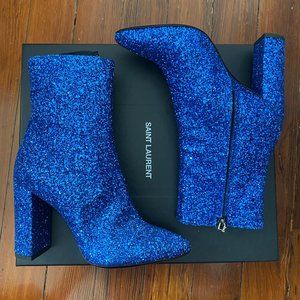 Saint Laurent Lou Blue Glitter Ankle Boots / Size 38 / 7.5